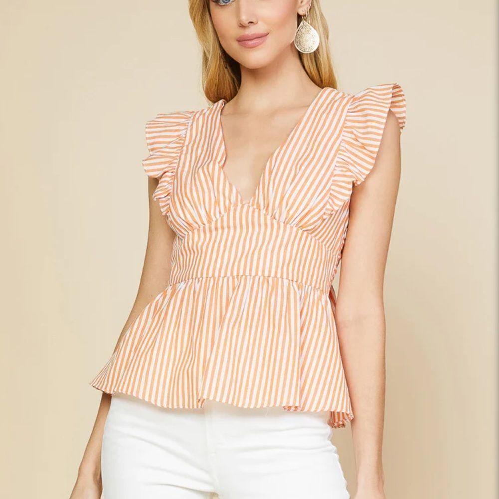 Skies are Blue Striped Tie Back Ruffled Top Sunkissed‎ Orange S NWOT